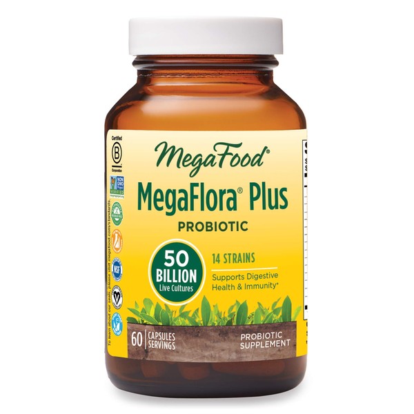 MegaFood MegaFlora Probiotic Plus - Probiotics for Women and Men - 50 Billion CFUs & 14 Strains - Probiotics for Digestive Health & Immune Support - Vegan - Made Without 9 Food Allergens - 60 Caps