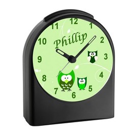 Children's Alarm Clock with (Chosen) Name Children's Alarm Clock Analogue Dial Owl | No Embroidery with Light |ideal for School Children Green