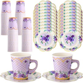 Tioncy 100 Pcs Tea Party Decorations Include 50 Pieces 9 oz Floral Paper Tea Cups with Handle and 50 Plates Disposable Blossom Teacups and Saucers Sets for Hot Cold Drink Birthday (Flower)
