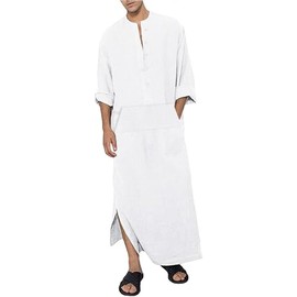Jacansi Men's Kaftan Robe Casual Cotton Linen Button Down Long Sleeve Lightweight Thobe White L