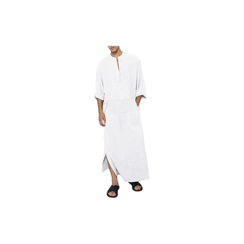 Jacansi Men's Kaftan Robe Casual Cotton Linen Button Down Long