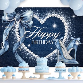 Newsely Denim and Diamonds Bow Backdrop 7Wx5H Photography Blue Coquette Happy Birthday for Women Girls Birthday Banner Background Silver High Heels Party Decorations Banner Photo Booth Props Supplies