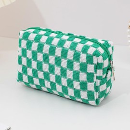3 Pcs Makeup Bag Cosmetic Bag Set for Girls Women Checkered Travel Organizer Bathroom Toiletry Pouch Large Capacity Storage Bag (Green, One Size)