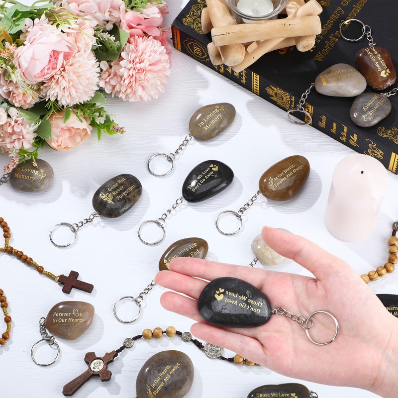 Yuntau 36 Pcs Memorial Stones Keychains River Stone Key Rings