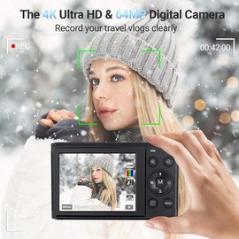 Digital Camera, 2024 Upgraded 4K 64MP Digital Cameras for Kids, Digital Point and Shoot Camera with 16X Zoom, 32GB SD Card, Time Stamp, Compact Small Travel Camera for Boys Girls Teens, Black