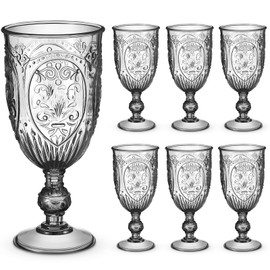 Wiwiqing 6 Pcs Plastic Goblets 7.5oz Vintage Goblet Plastic Wine Glasses Colored Retro Embossed Water Goblets for Wine Bar Juice Baby Shower Wedding Reception Grand Event Party (Black)
