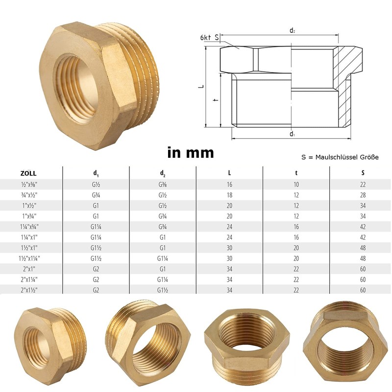 1/2 Inch to 3/8 Inch Reducer, Brass, Male Thread X