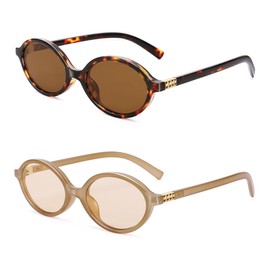 NULOOQ Retro Oval Sunglasses for Women 90s Trendy Vintage Small Round Sunnies Shades (Tortoise/Brown + Light Brown/Light Brown) - 2 Pack