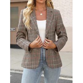 Lei sure Womens Houndstooth Plaid Blazer Lapel Collar Long Sleeve 2 Button Blazer Jacket Business Casual Outfits Work Office Clothes Brown L