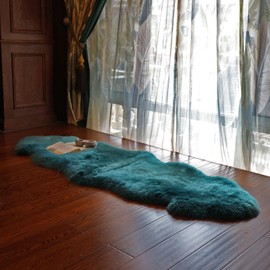 RZLWOOL Genuine Sheepskin Rug New Zealand Fluffy Lambskin Rug, Natural Luxury Sheepskin Throw for Bedroom Living Room Children's Room - Premium Area Rug Chair Cover (2×6 Feet, Dark Teal Blue)
