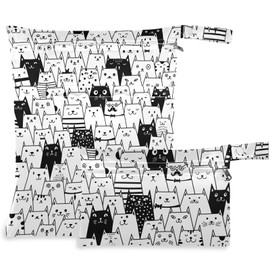visesunny Funny Black and White Cat Animal 2Pcs Wet Bag with Zippered Pockets Washable Reusable Roomy Diaper Bag for Travel,Beach,Daycare,Stroller,Diapers,Dirty Gym Clothes,Wet Swimsuits,Toiletries