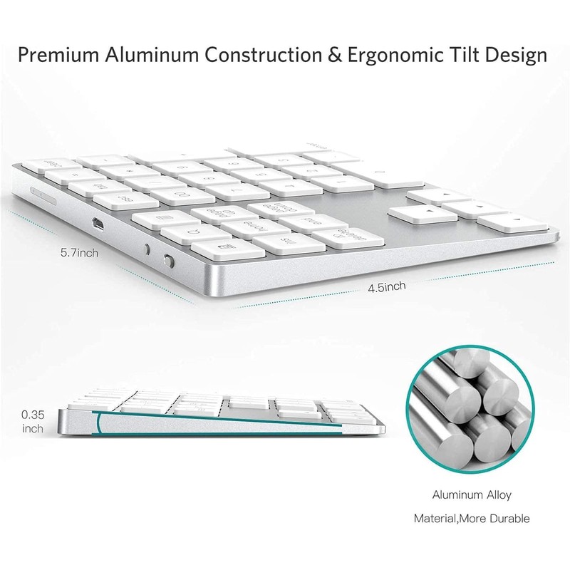 Teclado numérico Bluetooth recargable, de aluminio de 34 teclas, teclado