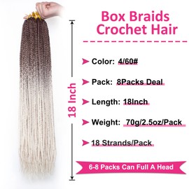 Unionbeauty 8 Packs Ombre Box Braids Crochet Hair Pre-looped Goddess Box Braids Crochet Hair 18 Inch Blonde Brown Knotless Box Braids Hair for Black Woman Synthetic Braiding Hair Extension 4/60#