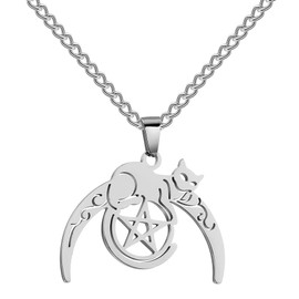 VASSAGO Cat on Moon Pentagram Pendant Necklace Celtic Crescent Moon Star Pentagram Magic Wicca Jewellery Witchcraft Talisman for Men Women, Stainless Steel, Crescent Moon