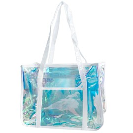 ONEART Holographic TPU Clear Tote Bags, Waterproof Shoulder Bag, Clear Tote Bag with Zipper, Unisex Handbag (Holograpphic white)
