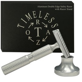 TIMELESS RAZOR Aluminum Double Edge Safety Razor - Luxury Men's Safety Shaving Razor - Travel Razor w/Razor Stand & Custom Design Razor Handle - Compatible w/Double Edge Razor Blades - Made in USA