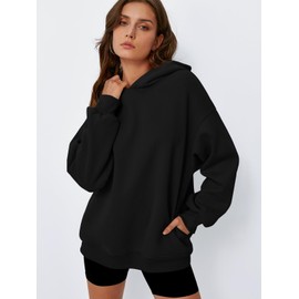 Trendy Queen Womens Oversized Hoodies Comfy Sweatshirts Fall Fashion 2025 Outfits Casual Tops Fleece Clothes with Pockets Black S
