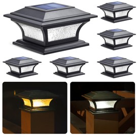 SIEDiNLAR Solar Post Cap Lights Outdoor Glass LED Fence Deck Light 2 Modes for 4x4 5x5 6x6 Wooden Vinyl Posts Patio Garden Decoration Warm White/Cool White Lighting Black (6 Pack)