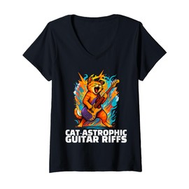 Womens Cat Music Guitar Riff Rock Cat-Astrophics Funny V-Neck T-Shirt