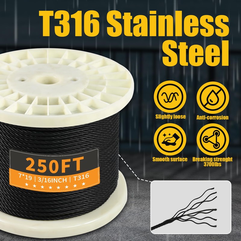 T316 Black 3/16“ Stainless Steel Cable, 250ft Wire Rope 7x19