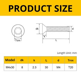 Valorada 20Pcs M4 Bolts, M4 x 30mm Countersunk Bolts, Torx Screws, Stainless Steel 304, Flat Head Machine Screws with Torx Key