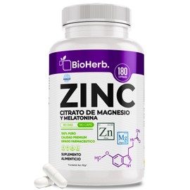 BioHerb Zinc y Magnesio Con Melatonina - | Calidad Suprema | Suministro Para 12 Meses | - Gluconato de Zinc, Citrato de Magnesio y Melatonina - BioHerb. (180 CAPSULAS)
