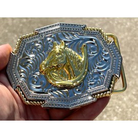 Texas Western Gold Silver Buckle Rodeo Cowboy 2'' Horse Shoe Horse Head Buckle Texas