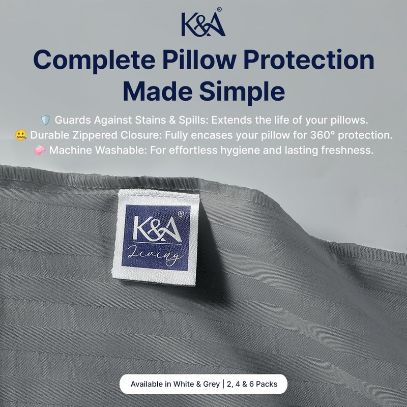K&A® Satin Stripe Pillow Protectors Pack of 2 Zippered Grey