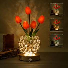 Tulip Crystal Flower Lamp Touch Lamp,Rechargeable Cordless Table Lamp, 3-Colour Infinitely Dimming Battery Powered Small Night Light,Gift for Mom for Valentine Day,Mothers Day,Xmas,Birthday (Red)