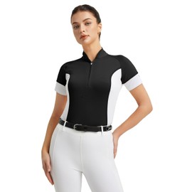 FitsT4 Sports Womens Short Sleeve Equestrian Shirts UPF50+ Horse Riding Shirts Breathable Rider Tops Half Zip Black S