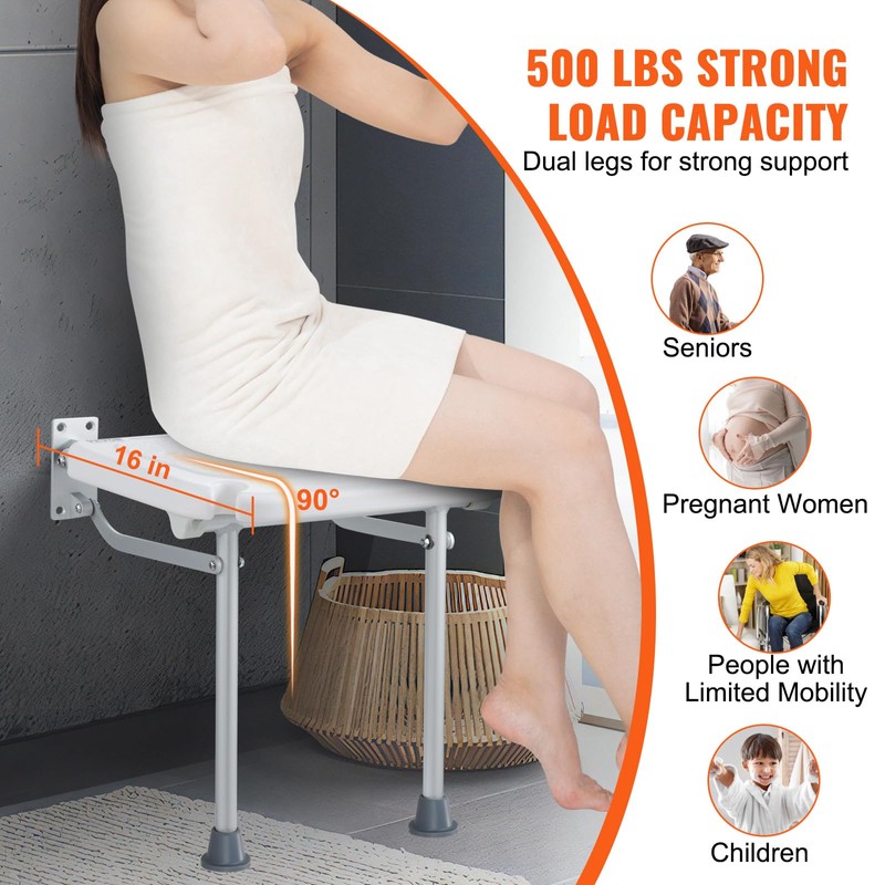 VEVOR Folding PE Shower Seat, 15.7'' x 14.8'' Unfolded, Wall