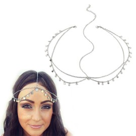 AWOCAN Rhinestone Waterdrop Head Chain Headwear - Bohemian Headband Headpiece Crystal Headress for Women Hair Jewelry (A)