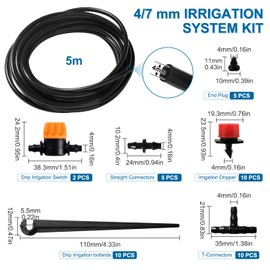 VooGenzek 43 Pieces 4/7 mm Irrigation Kit, 5 m Irrigation Hose, DIY Garden Irrigation System, with Passage Connector, T Connector, Hose End Plugs, for Patio