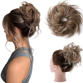 S-noilite Messy Hair Bun Extension Tousled Scrunchie Fluffy Scrunchy Wavy Chignon Wrap On Updo Instant Donut Synthetic Fiber For Women Girls Fashion Ponytail Hairpiece (Light Brown/Medium Blonde)