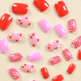 Valentines Press on Nails Short Squoval Fake Nails Pink Nails Press ons with Heart Design Cute Acrylic Nails Full Cover Glossy Glue on Nails Artificial Stick on Nails for Women Nail Decorations 24 Pcs