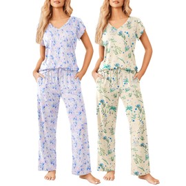 Ekouaer 2 Pack Womens Pajamas Short Sleeve Sleepwear Top with Pants Super-Soft Printed Lounge Sets S-XXL