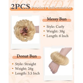 HSLHDI 2PCS Messy Bun Hair Piece-Large Wavy Curly & Donut Updo Hair Pieces Set, Scrunchies Synthetic Chignon Ponytail Extensions Thick Updo for Women（Blonde）