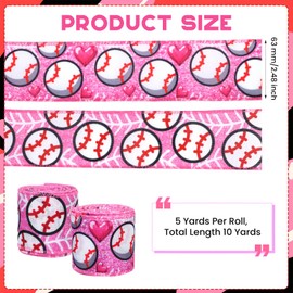 2 Rolls 10 Yards Baseball Wired Edge Ribbon 2.5 Inch Sports Ball Fabric Ribbon Pink White Baseball Pattern Ribbon for Team Wreath Bow, Gift Wrapping, Sports Events, Theme Party Decoration, Style C