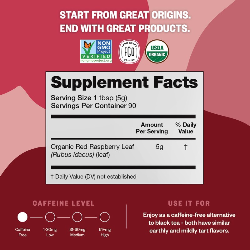 FGO Organic Red Raspberry Loose Leaf Herbal Tea, Cut and