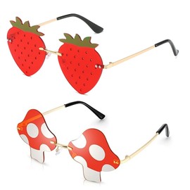 SLAXJNE 1 x Strawberry Sunglasses and 1 x Mushroom Sunglasses, Creative Rimless Glasses, Party Sunglasses, Trendy Sunglasses, Prom Glasses, Dress Up Accessories, Fashionable Glasses, red