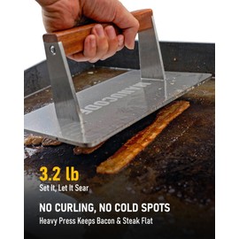 Manucode Stainless Steel Bacon Press - 3.2 LB Heavy Cooking Weight, Ideal for Flat Top Grill - Griddle Accessories for Searing Smash Burger, Steak, Sandwich - 9.25 x 5.7 Inches, Flat Bottom, Rectangle