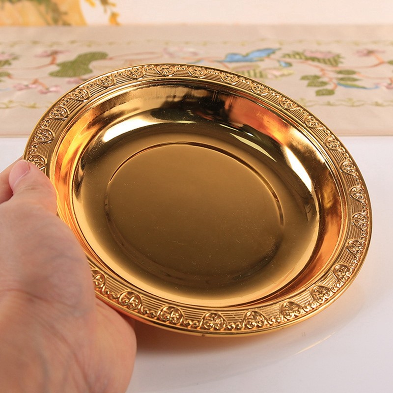 Serving Plate with Dome Golden Embossed Patterns Stainless Steel Acrylic
