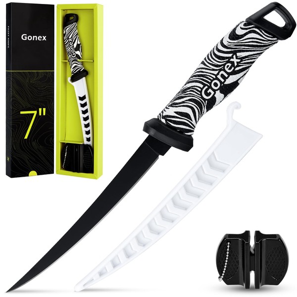 Gonex Filtering Knives Fish Knives Boning Knives, Sharp Stainless Steel Blade and Non-Slip Grips, with Ventilated Sheath and Sharpener, 17 cm