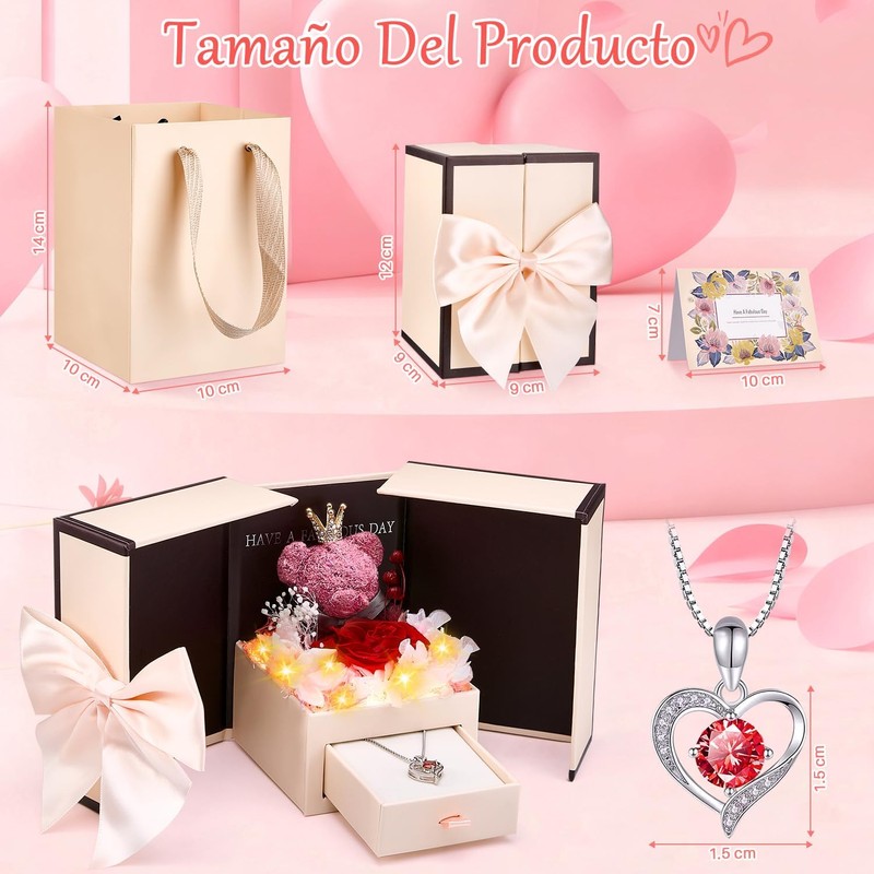 Nasjac Flor Rosa Eterna,Collar y Pendientes,Oso LED,Regalo Ideal para Mujer