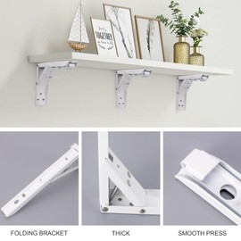 Pxyelec 8 Inch Spring Folding Shelf Bracket Bench Table Heavy Duty L Brackets for Shelves Wall Hanging, Folding Spring Loaded Supports Wall Mount Support, Pack of 4, White