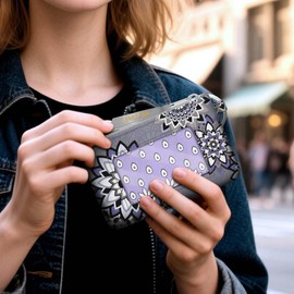 GEGEPINK ID Case Keychain Wallet with Lanyard RFID Minimalist Water Resistant Small Coin Pouch with Clear ID Window Cute Zipper Coin Pouch-Vintage Boho Grey Purple Wallet Keychain