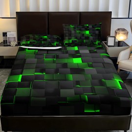 Soft Bedding Fitted Sheet Twin Size,Geometric Green Black Kids Boys Girls Aldult Bed Sheets with 2 Pillowcase,Sheet with 16" Deep Pocket,for Girls Boys Teen Bedding 3 Piece Set