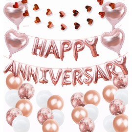 Elicola HAPPY ANNIVERSARY Ballons Banner Bunting Heart Balloons Heart Bunting Banner and 24 PCS Latex Ballonns for Wedding Anniversary Love Party and Anniversary Event Party Decoration, Rose Gold
