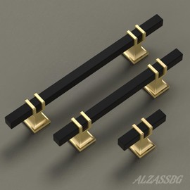 Alzassbg 6 Pack Matt Black and Gold Cabinet Knobs, 2 Inch(51mm) Diameter Cabinet Hardware Square T Bar Knurled Knobs for Cupboard and Drawers AL6094KGP-MB