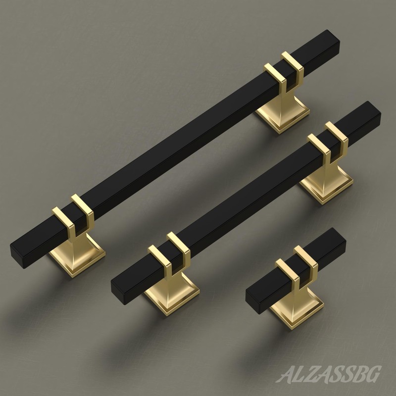 Alzassbg 6 Pack Matt Black and Gold Cabinet Knobs, 2